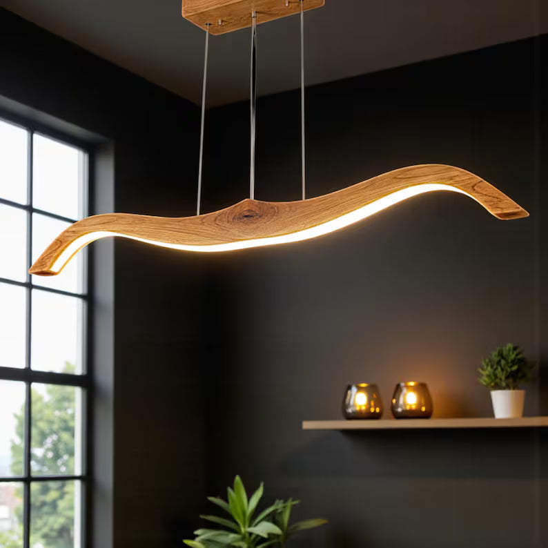 Curved Wooden LED Pendant Lamp - Handmade Wood Ceiling Lamp - Light Fixture for Dining Room, Kitchen Island or Living Room - Linear Light