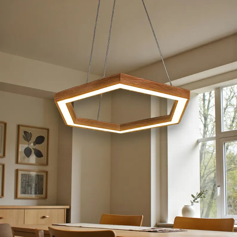 Wooden Hexagon LED Pendant Light – Handmade Chandelier - Wood Ceiling Light - Light Fixture for Dining Room, Kitchen Island or Living Room