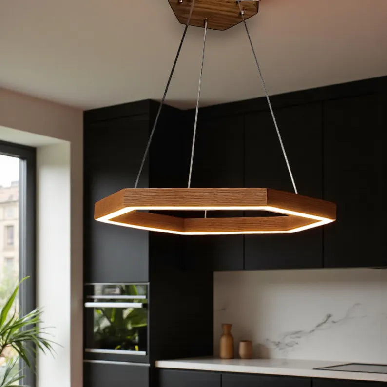 Wooden Hexagon LED Pendant Light – Handmade Chandelier - Wood Ceiling Light - Light Fixture for Dining Room, Kitchen Island or Living Room