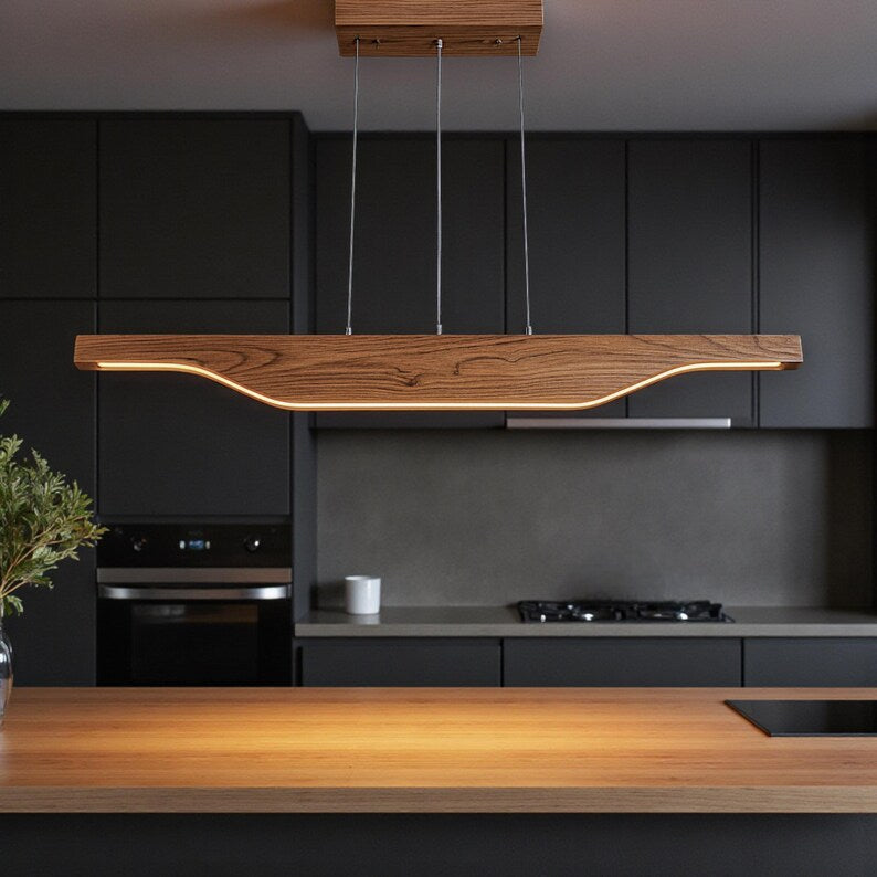 Handmade Wood Pendant Light - Modern Linear Chandelier -Light Fixture for Dining Room, Kitchen Island or Living Room - Dimmable Ceiling Lamp