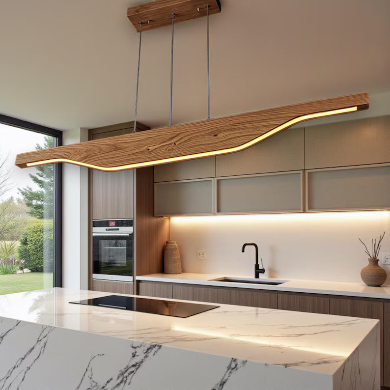 Handmade Wood Pendant Light - Modern Linear Chandelier -Light Fixture for Dining Room, Kitchen Island or Living Room - Dimmable Ceiling Lamp