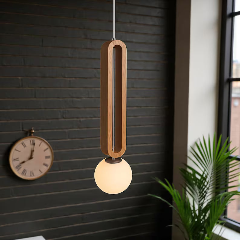 Wooden Globe Pendant Light – Modern Wood Hanging Lamp - Minimalist Ceiling Fixture for Kitchen Island, Dining Room, Living Room or Bedroom