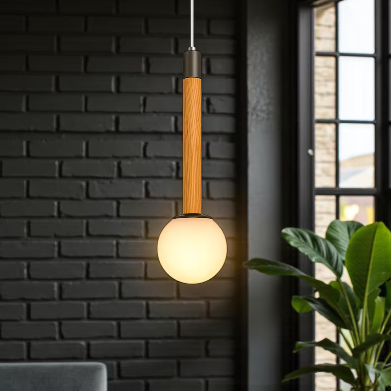 Wood Globe Pendant Light – Modern Hanging Lamp with Frosted Glass - Ceiling Fixture for Kitchen Island & Bedroom - Handmade Wood Lamp