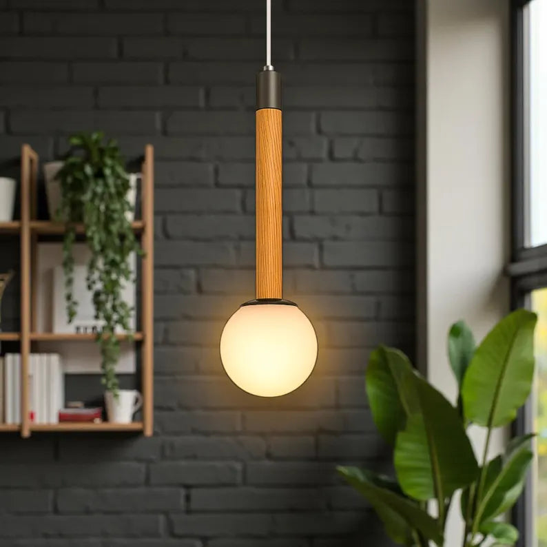 Wood Globe Pendant Light – Modern Hanging Lamp with Frosted Glass - Ceiling Fixture for Kitchen Island & Bedroom - Handmade Wood Lamp