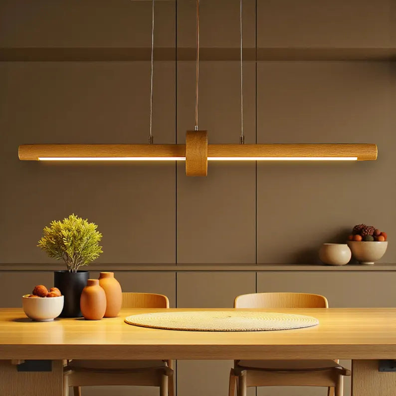 Handmade Wood Pendant Light - Dimmable Linear Chandelier - Wood Ceiling Lamp - Light Fixture for Dining Room, Kitchen Island or Living Room