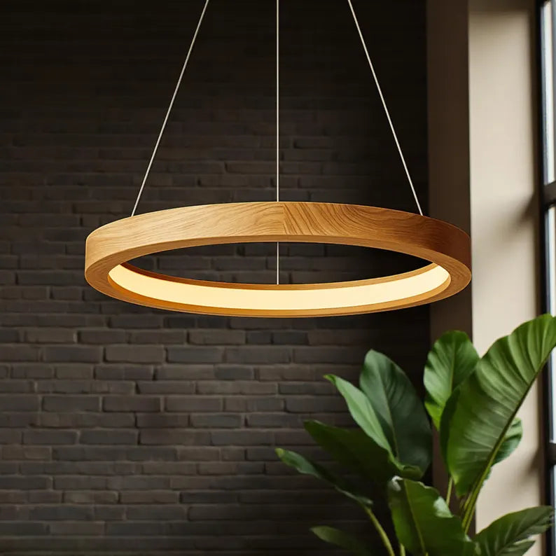 Wooden Ring Pendant – Modern LED Halo Chandelier - Handmade Solid Wood Ceiling Light - Home Decor Lighting - Custom Wood Lighting Fixture