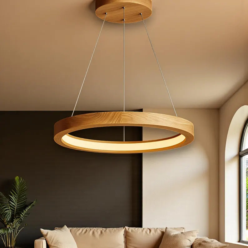 Wooden Ring Pendant – Modern LED Halo Chandelier - Handmade Solid Wood Ceiling Light - Home Decor Lighting - Custom Wood Lighting Fixture