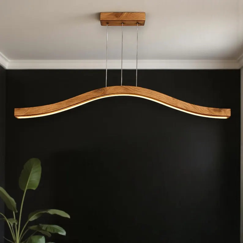 Curved Wood LED Pendant Light - Dimmable Modern Chandelier - Ceiling Lamp - Light Fixture for Dining Room, Kitchen Island or Living Room