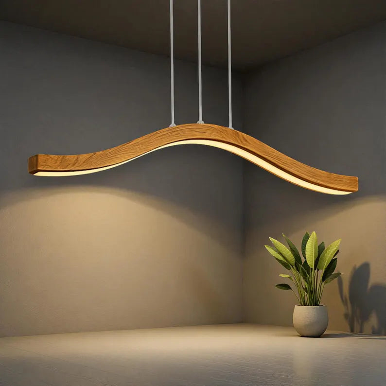 Curved Wood LED Pendant Light - Dimmable Modern Chandelier - Ceiling Lamp - Light Fixture for Dining Room, Kitchen Island or Living Room