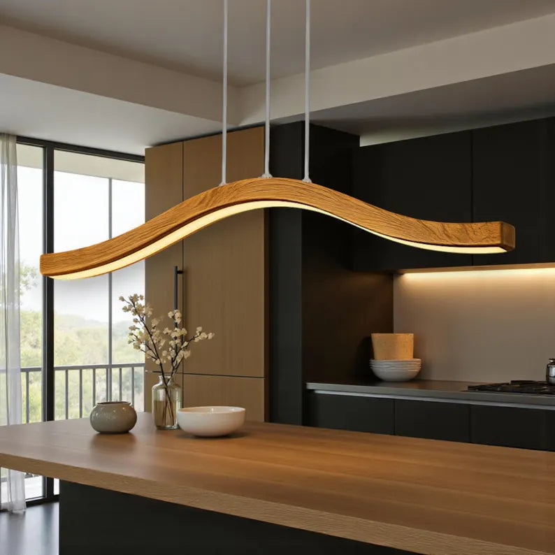 Curved Wood LED Pendant Light - Dimmable Modern Chandelier - Ceiling Lamp - Light Fixture for Dining Room, Kitchen Island or Living Room