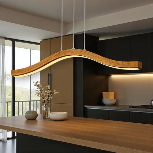 Curved Wood LED Pendant Light - Dimmable Modern Chandelier - Ceiling Lamp - Light Fixture for Dining Room, Kitchen Island or Living Room