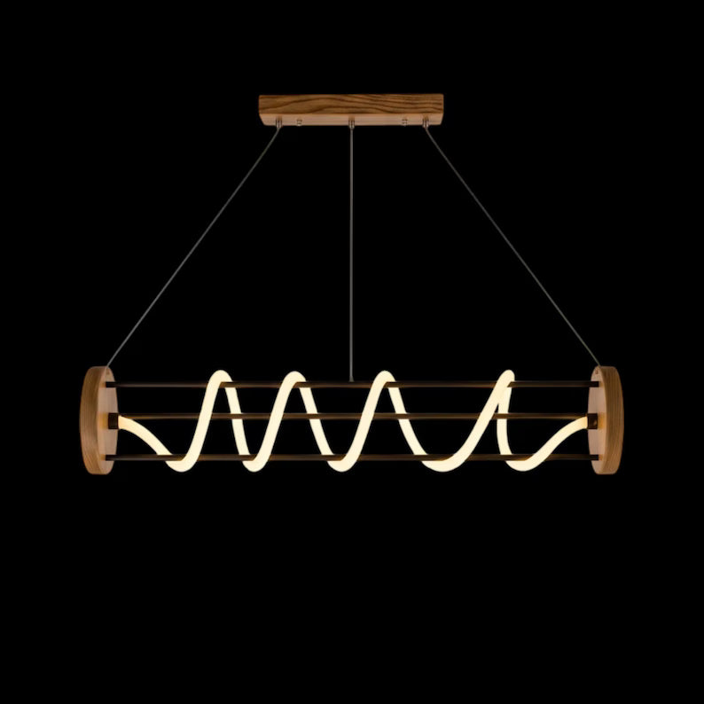 Spiral LED Chandelier - Wood & Metal Modern Pendant Light - Light Fixture for Dining Room, Kitchen Island or Living Room - Home Decor Light