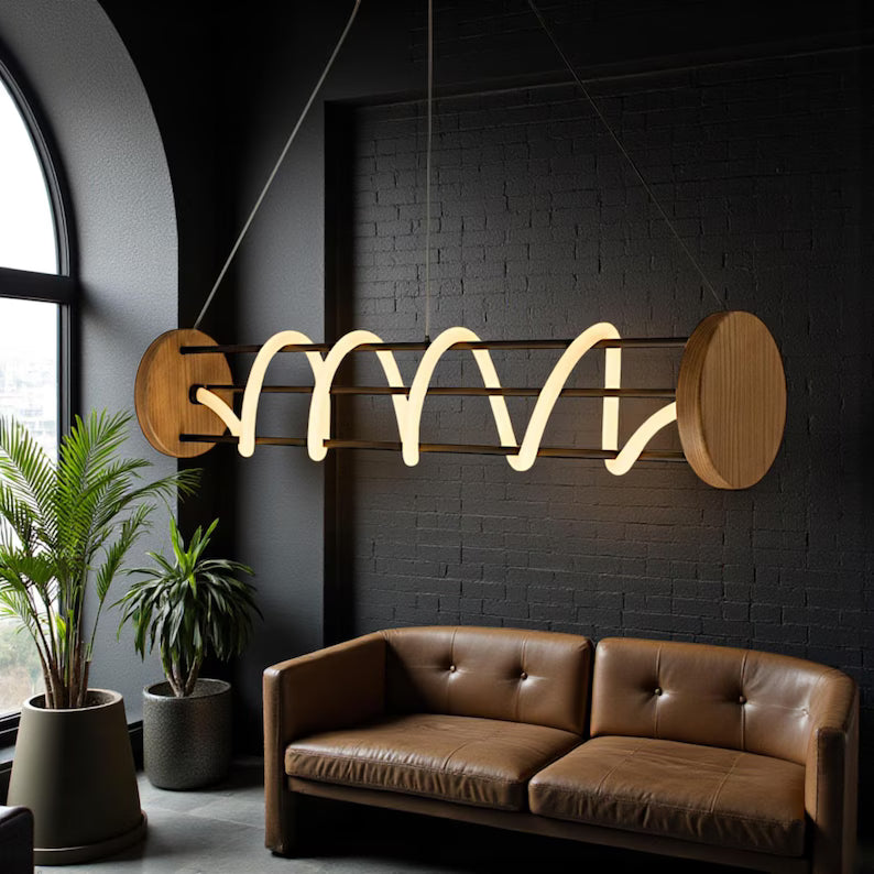 Spiral LED Chandelier - Wood & Metal Modern Pendant Light - Light Fixture for Dining Room, Kitchen Island or Living Room - Home Decor Light