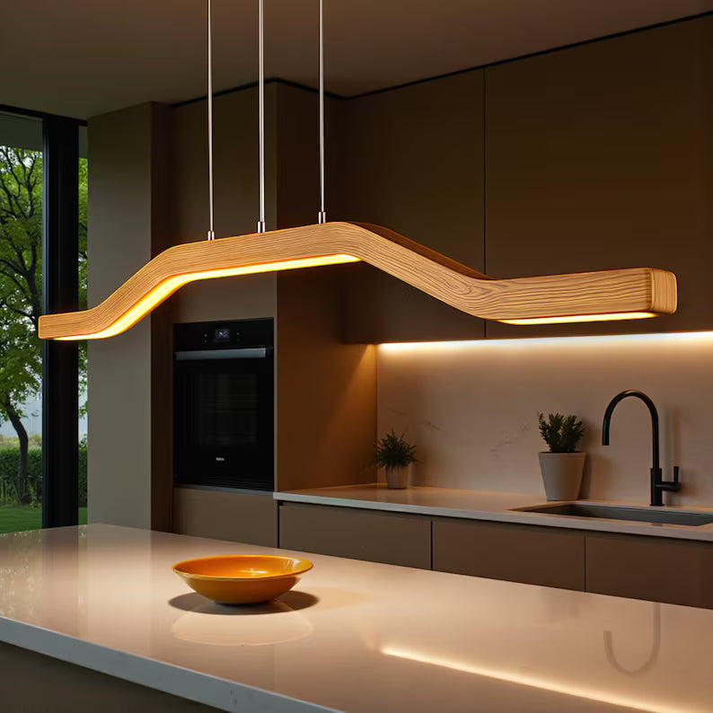 Handmade Wooden Pendant Light - Dimmable Ceiling Lamp - Light Fixture for Dining Room, Kitchen Island or Living Room - Wood Linear Led Lamp
