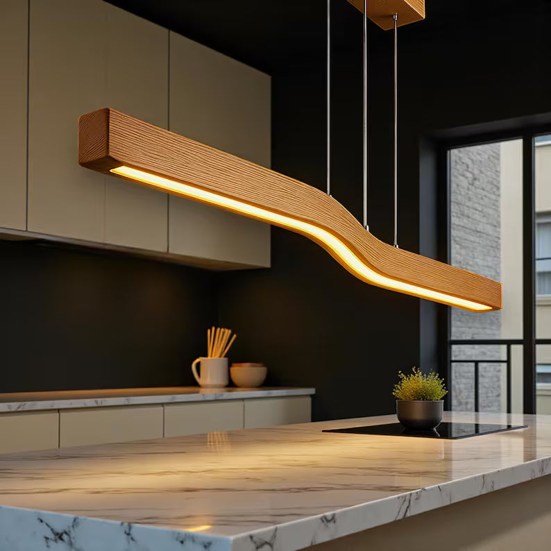 Wave-Shaped Wood Ceiling Light - Handmade Wooden Pendant Light - Light Fixture for Dining Room, Kitchen Island or Living Room - Home Decor