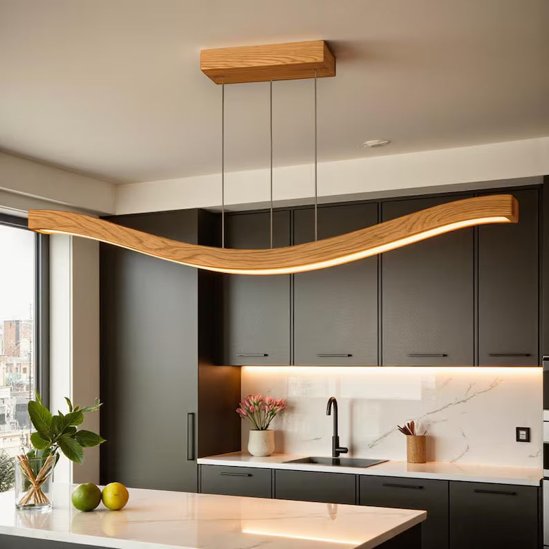 Handmade Wave Pendant Light - Modern Wood Linear Lamp - Wood Ceiling Light - Light Fixture for Dining Room, Kitchen Island or Living Room