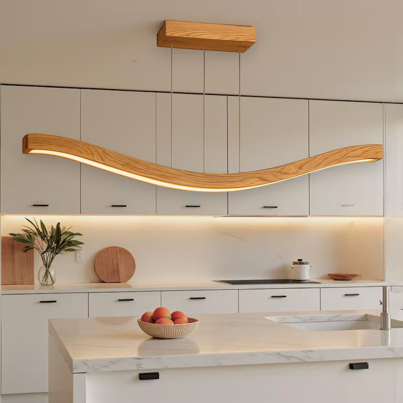 Handmade Wave Pendant Light - Modern Wood Linear Lamp - Wood Ceiling Light - Light Fixture for Dining Room, Kitchen Island or Living Room