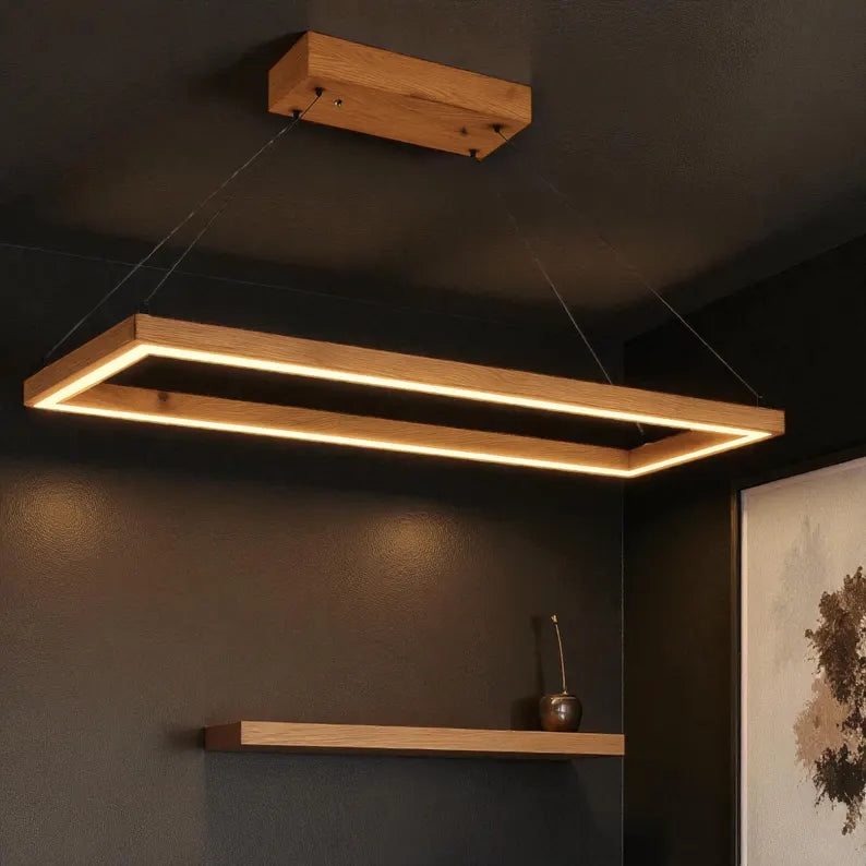 Dimmable Wooden Pendant Light – Ceiling Wood Lighting - Modern Led Chandelier for Dining Room or Kitchen Island -Rectangular Handmade Lamp