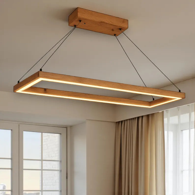 Dimmable Wooden Pendant Light – Ceiling Wood Lighting - Modern Led Chandelier for Dining Room or Kitchen Island -Rectangular Handmade Lamp