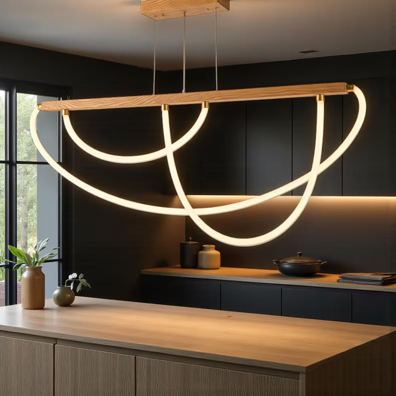 Handmade Wood Pendant Light - Dimmable Led Chandelier - Home Decor Lighting - Light Fixture for Dining Room, Kitchen Island or Living Room