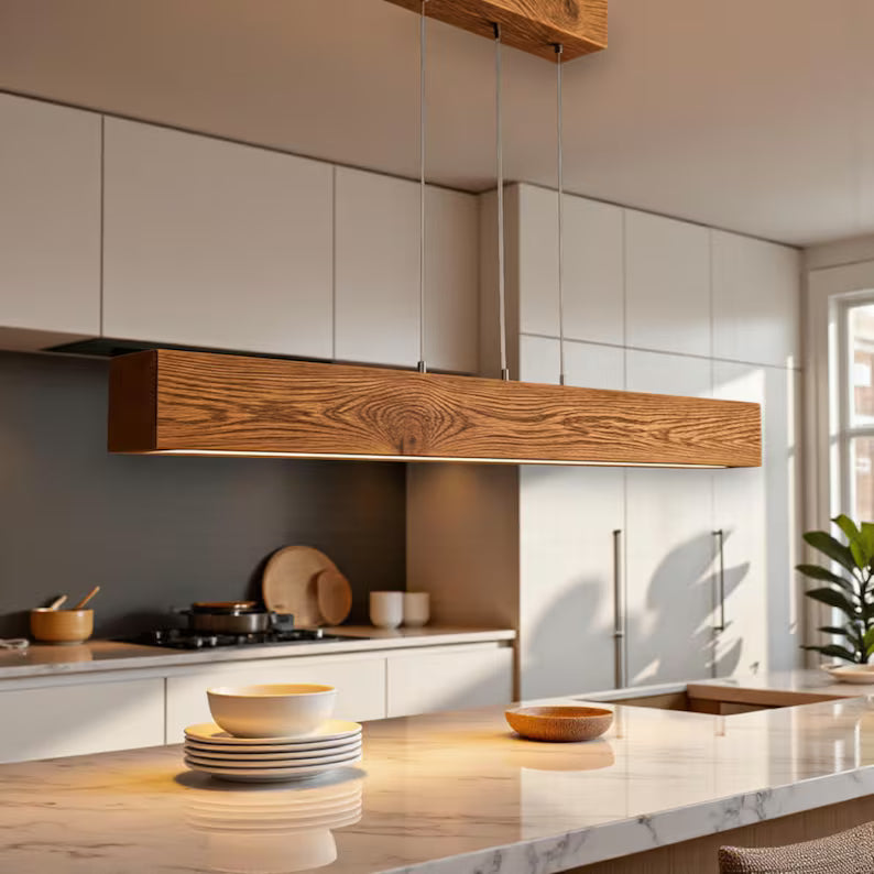 Antique Oak Linear LED Pendant Lamp - Modern Rustic Ceiling Lighting - Wood Farmhouse Lighting - Led Light Fixture