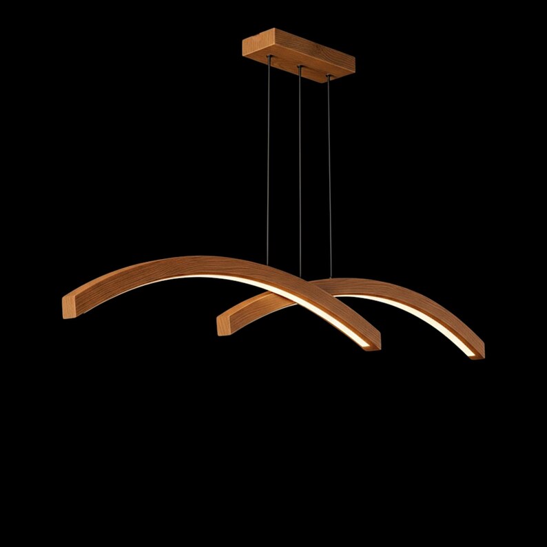 Handmade Wood Pendant Light - Curved Led Chandelier - Wood Linear Ceiling Lamp -Light Fixture for Dining Room, Kitchen Island or Living Room
