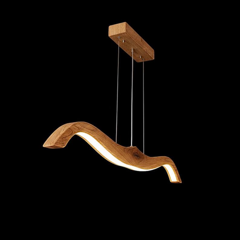 Curved Wooden LED Pendant Lamp - Handmade Wood Ceiling Lamp - Light Fixture for Dining Room, Kitchen Island or Living Room - Linear Light