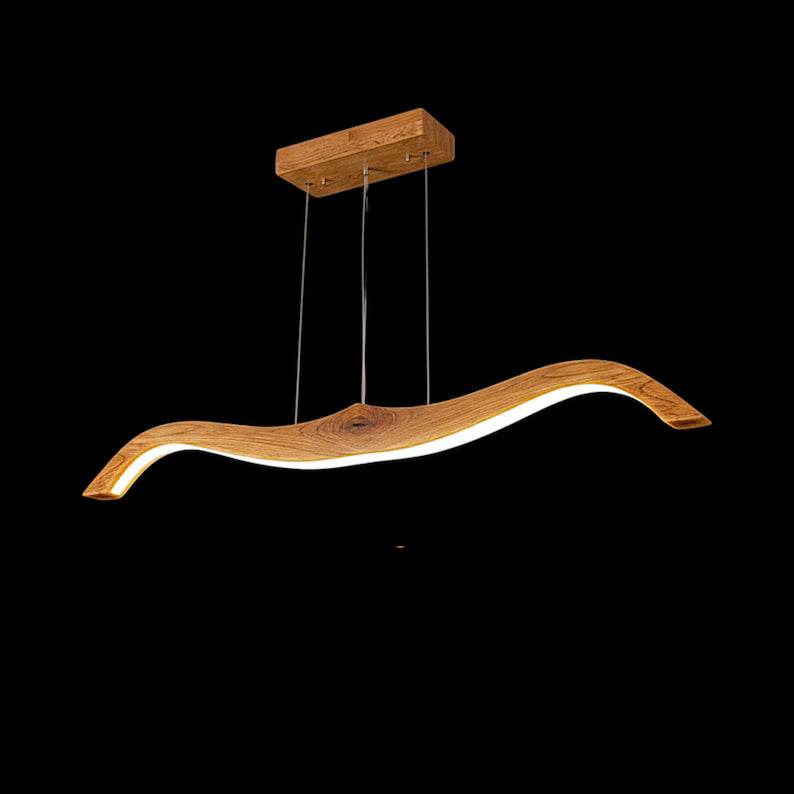 Curved Wooden LED Pendant Lamp - Handmade Wood Ceiling Lamp - Light Fixture for Dining Room, Kitchen Island or Living Room - Linear Light