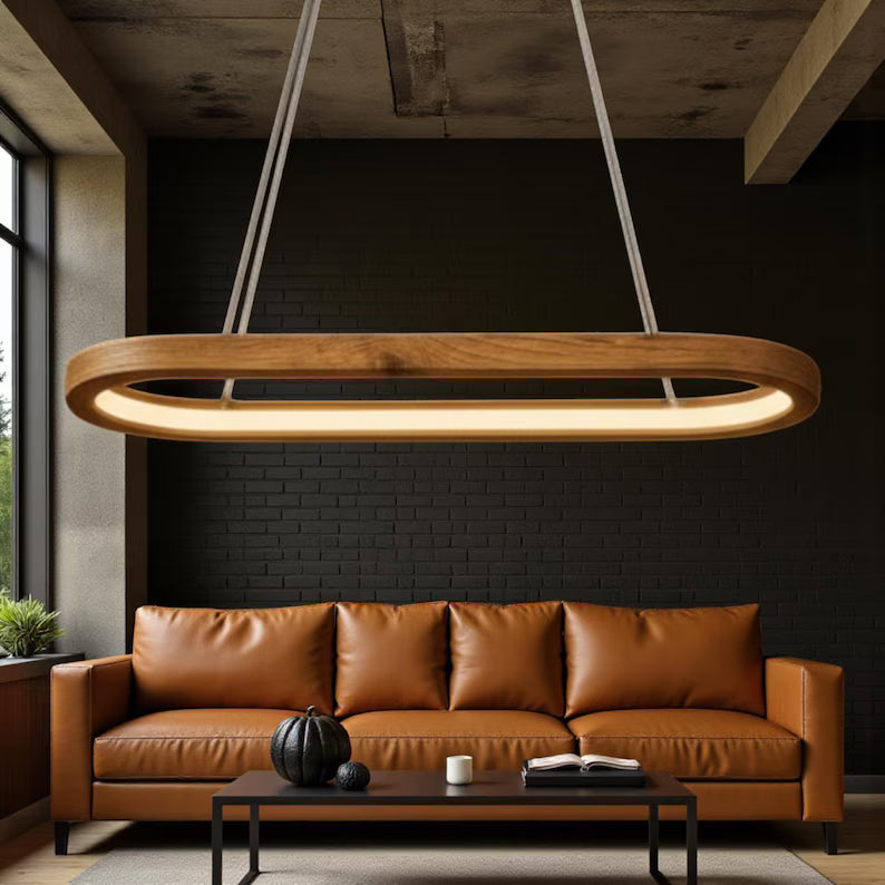 Wood Oval Pendant Light - Handmade Linear Ceiling Lamp - Home Decor Lighting - Light Fixture for Dining Room, Kitchen Island or Living Room