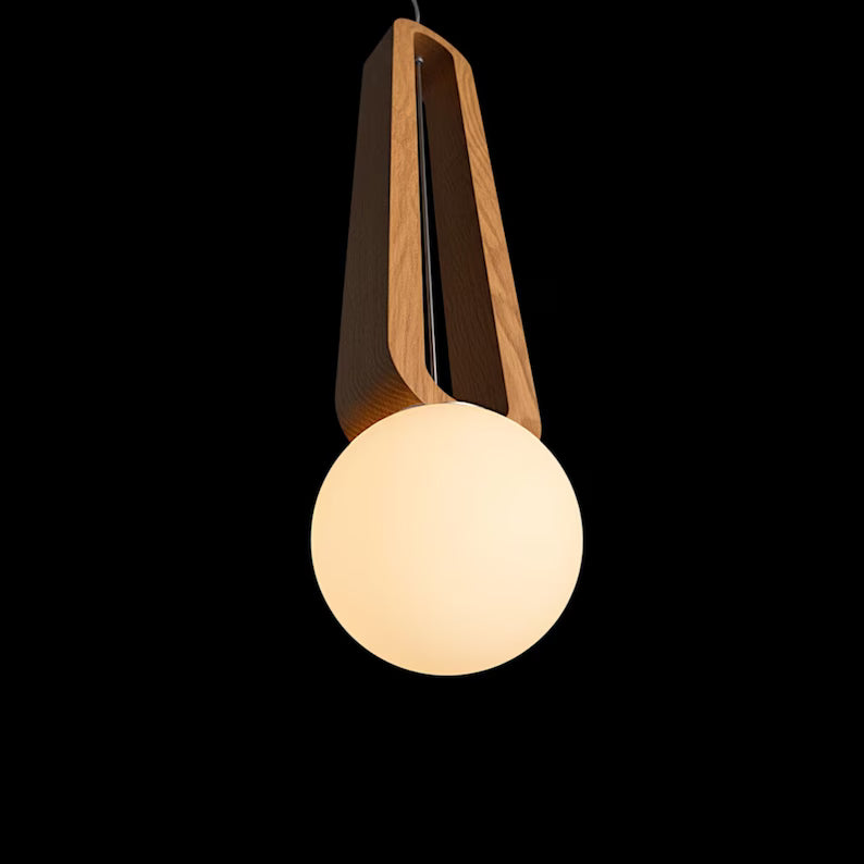 Wooden Globe Pendant Light – Modern Wood Hanging Lamp - Minimalist Ceiling Fixture for Kitchen Island, Dining Room, Living Room or Bedroom