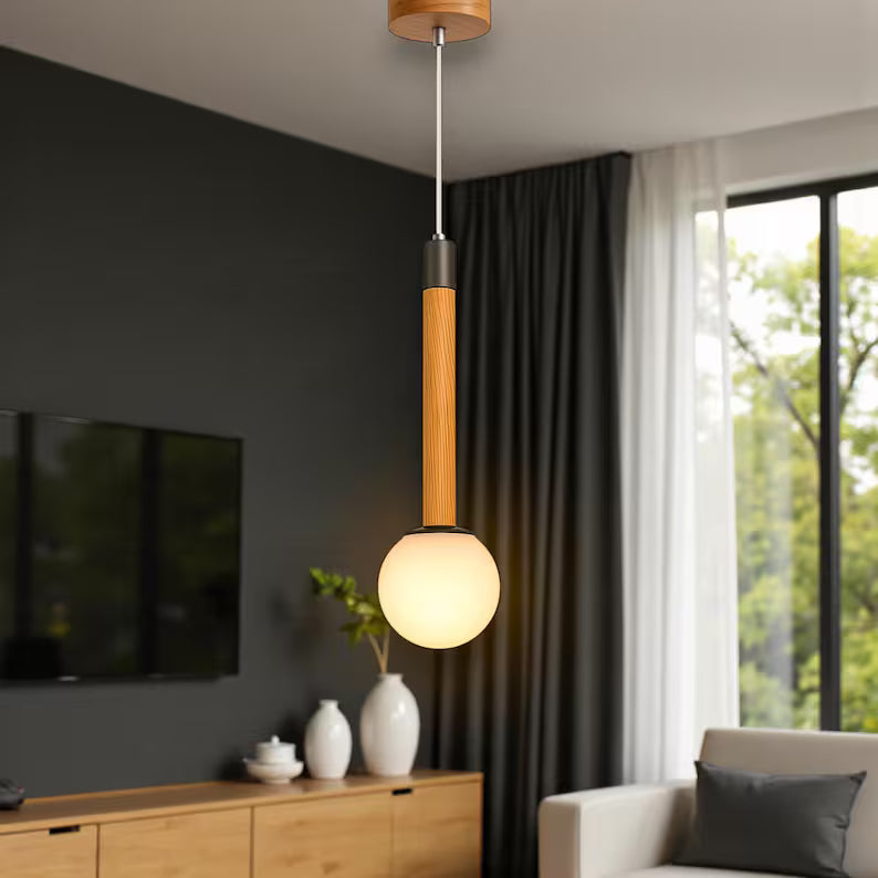 Wood Globe Pendant Light – Modern Hanging Lamp with Frosted Glass - Ceiling Fixture for Kitchen Island & Bedroom - Handmade Wood Lamp