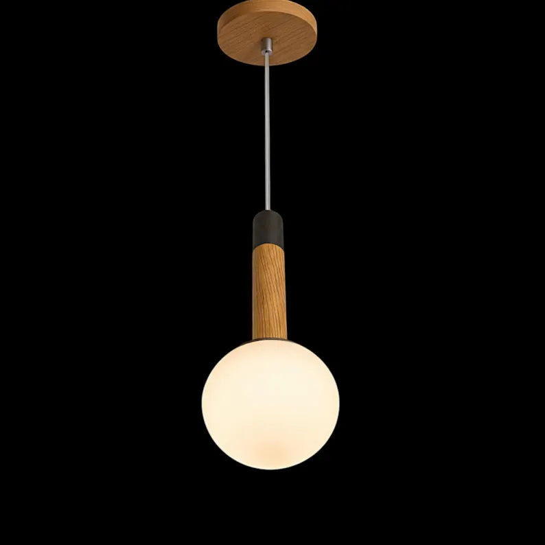 Wood Globe Pendant Light – Modern Hanging Lamp with Frosted Glass - Ceiling Fixture for Kitchen Island & Bedroom - Handmade Wood Lamp