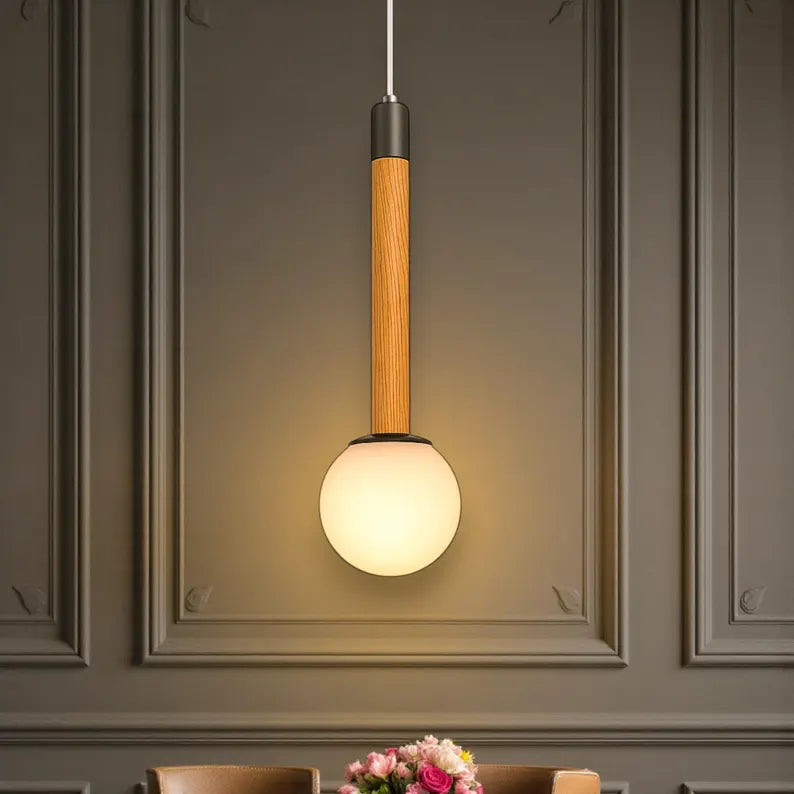 Wood Globe Pendant Light – Modern Hanging Lamp with Frosted Glass - Ceiling Fixture for Kitchen Island & Bedroom - Handmade Wood Lamp