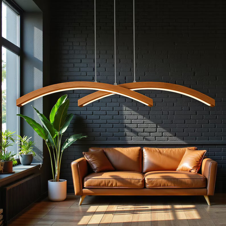 Handmade Wood Pendant Light - Curved Led Chandelier - Wood Linear Ceiling Lamp -Light Fixture for Dining Room, Kitchen Island or Living Room