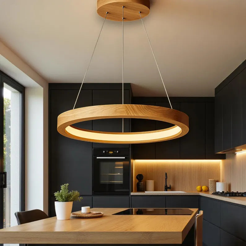 Wooden Ring Pendant – Modern LED Halo Chandelier - Handmade Solid Wood Ceiling Light - Home Decor Lighting - Custom Wood Lighting Fixture