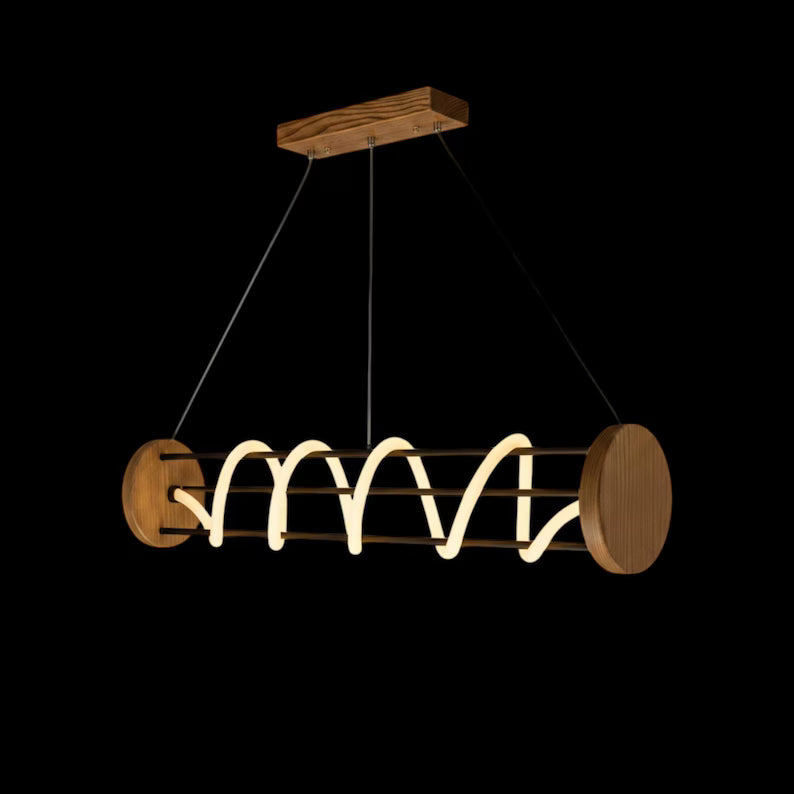 Spiral LED Chandelier - Wood & Metal Modern Pendant Light - Light Fixture for Dining Room, Kitchen Island or Living Room - Home Decor Light