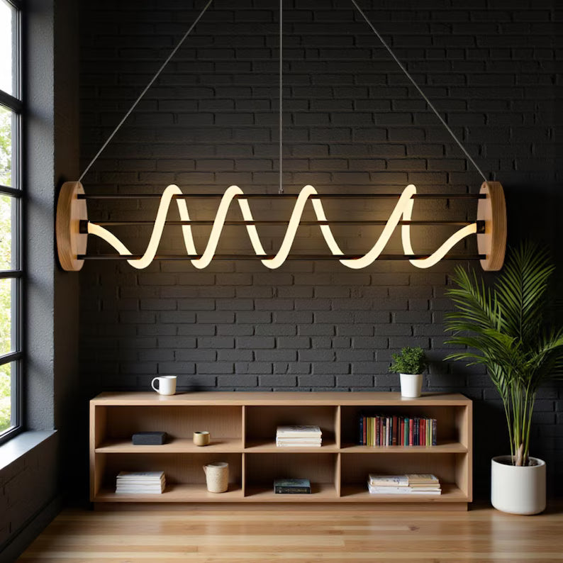 Spiral LED Chandelier - Wood & Metal Modern Pendant Light - Light Fixture for Dining Room, Kitchen Island or Living Room - Home Decor Light