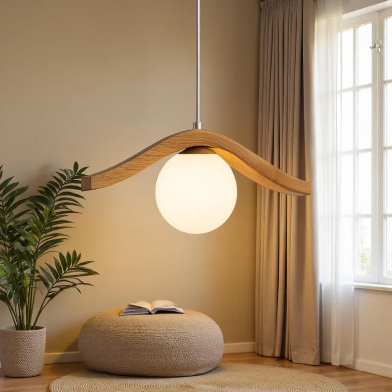 Oak Globe Pendant Lamp: Modern Minimalist Wood Chandelier - Light Fixture for Dining Room, Kitchen Island or Living Room - Wood Ceiling Lamp