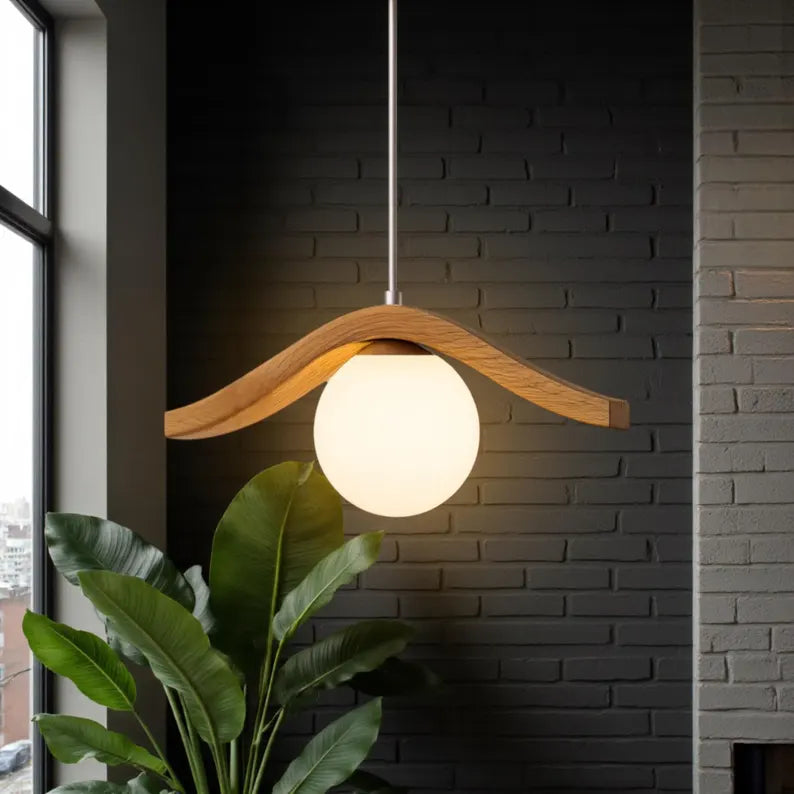 Oak Globe Pendant Lamp: Modern Minimalist Wood Chandelier - Light Fixture for Dining Room, Kitchen Island or Living Room - Wood Ceiling Lamp