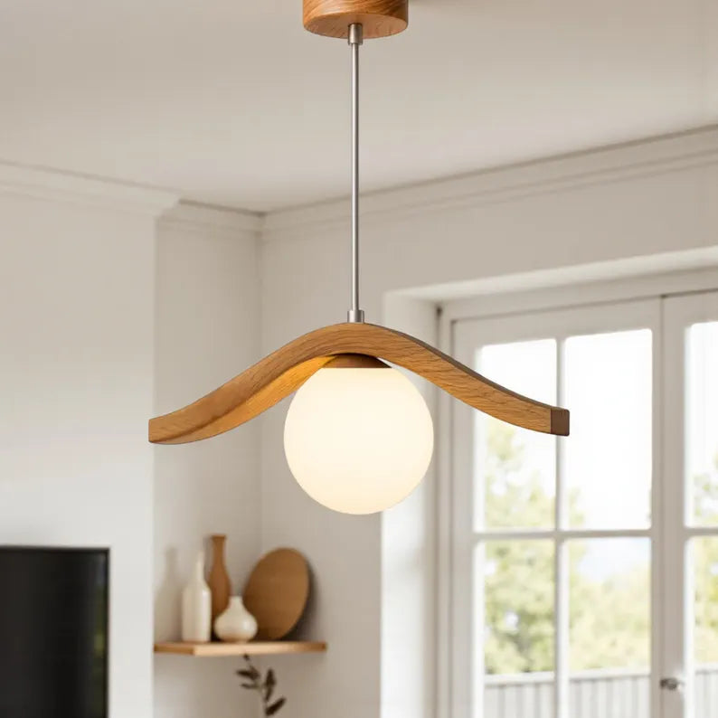 Oak Globe Pendant Lamp: Modern Minimalist Wood Chandelier - Light Fixture for Dining Room, Kitchen Island or Living Room - Wood Ceiling Lamp