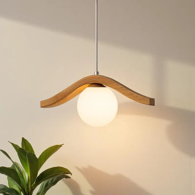 Oak Globe Pendant Lamp: Modern Minimalist Wood Chandelier - Light Fixture for Dining Room, Kitchen Island or Living Room - Wood Ceiling Lamp