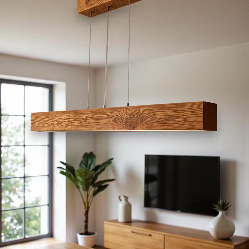 Antique Oak Linear LED Pendant Lamp - Modern Rustic Ceiling Lighting - Wood Farmhouse Lighting - Led Light Fixture