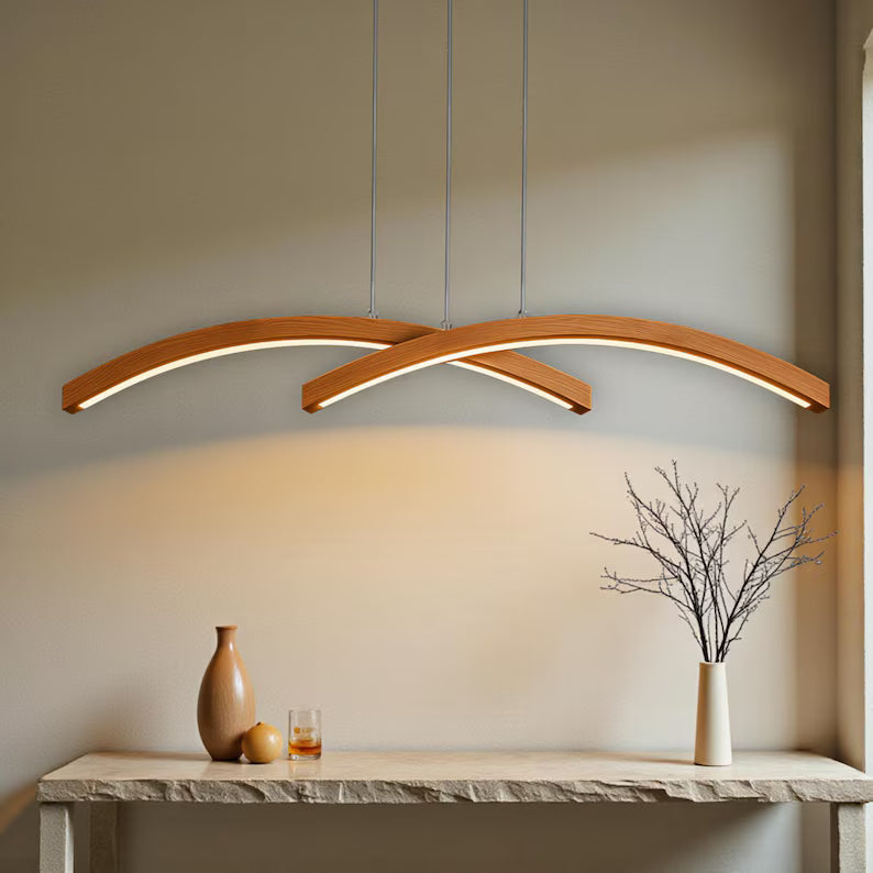 Handmade Wood Pendant Light - Curved Led Chandelier - Wood Linear Ceiling Lamp -Light Fixture for Dining Room, Kitchen Island or Living Room