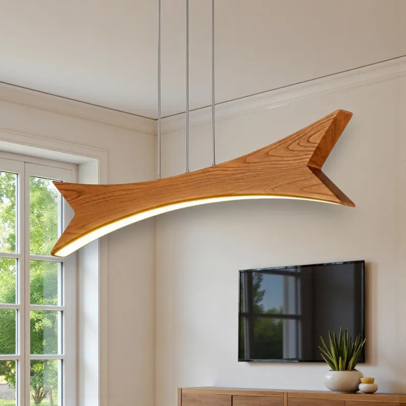 Wood Pendant Light - Curved Arch Led Chandelier - Dimmable Ceiling Lamp - Light Fixture for Dining Room, Kitchen Island or Living Room