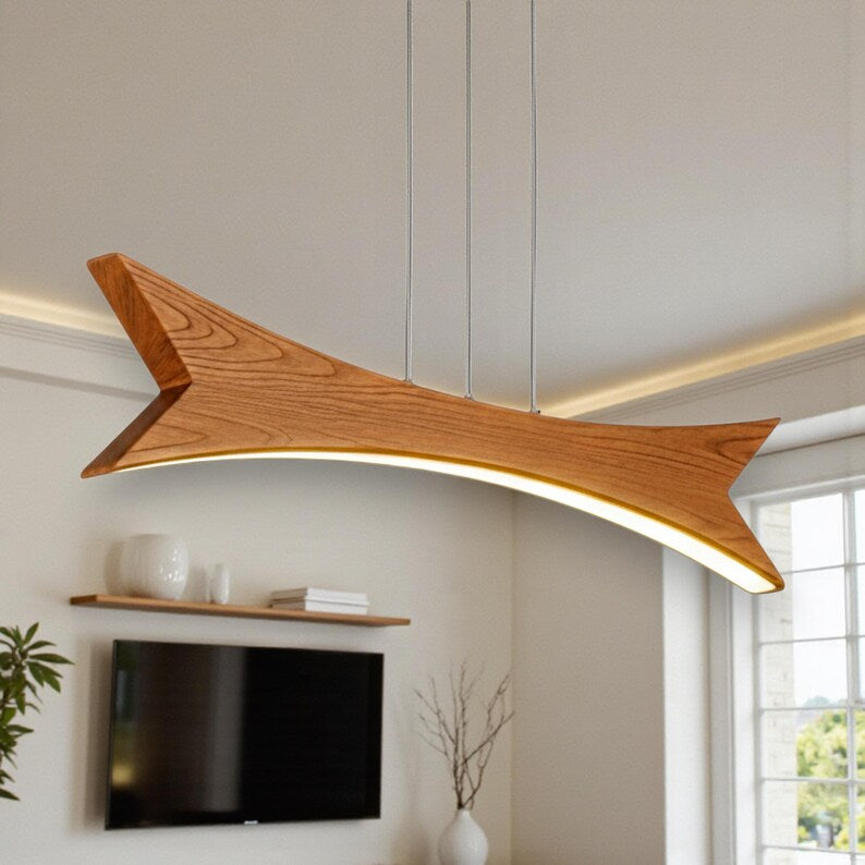 Wood Pendant Light - Curved Arch Led Chandelier - Dimmable Ceiling Lamp - Light Fixture for Dining Room, Kitchen Island or Living Room