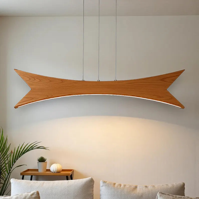 Wood Pendant Light - Curved Arch Led Chandelier - Dimmable Ceiling Lamp - Light Fixture for Dining Room, Kitchen Island or Living Room