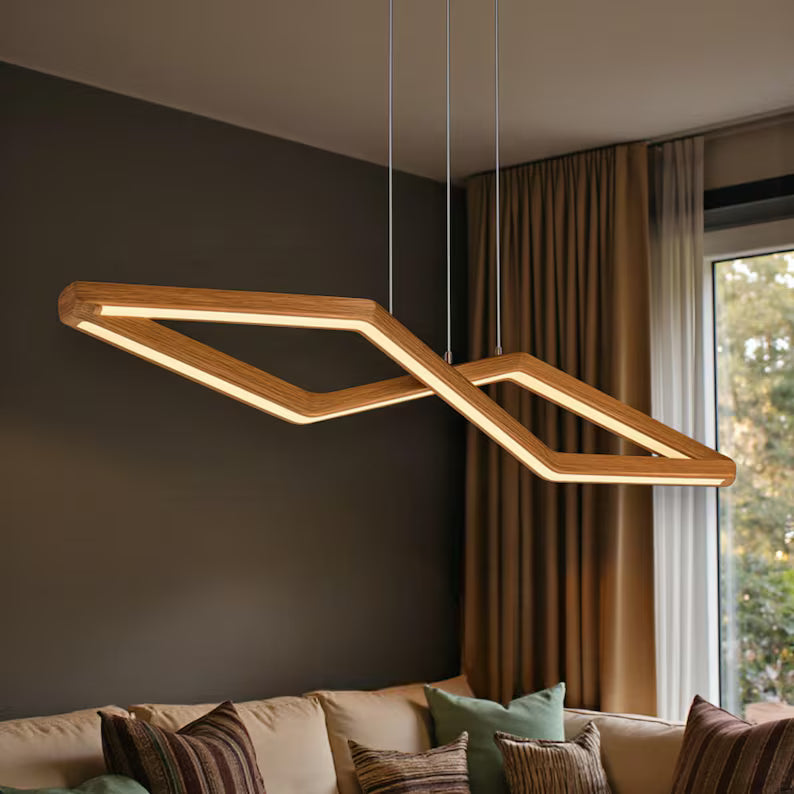 Modern Wood LED Chandelier - Geometric Pendant Light - Dimmable Ceiling Lamp - Light Fixture for Dining Room,reception table, office table, Kitchen Island or Living Room