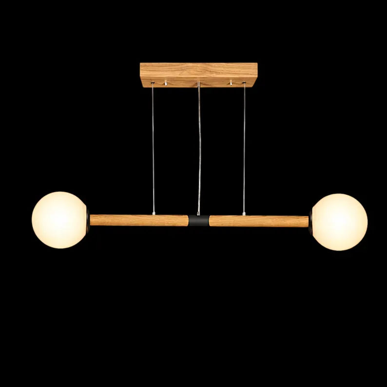 Handmade Wooden Pendant Light - Modern Linear Chandelier with Glass Globes - Light Fixture for Dining Room, Kitchen Island or Living Room