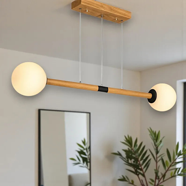 Handmade Wooden Pendant Light - Modern Linear Chandelier with Glass Globes - Light Fixture for Dining Room, Kitchen Island or Living Room