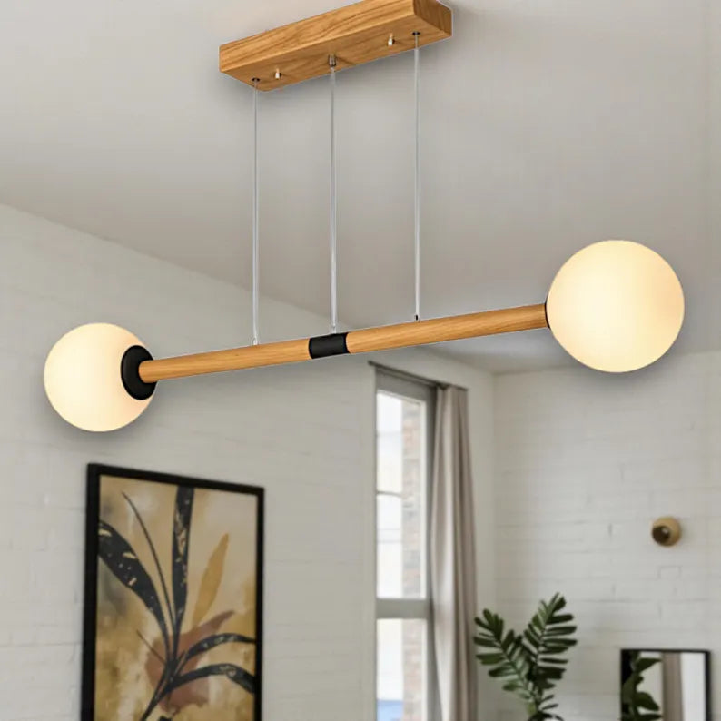 Handmade Wooden Pendant Light - Modern Linear Chandelier with Glass Globes - Light Fixture for Dining Room, Kitchen Island or Living Room